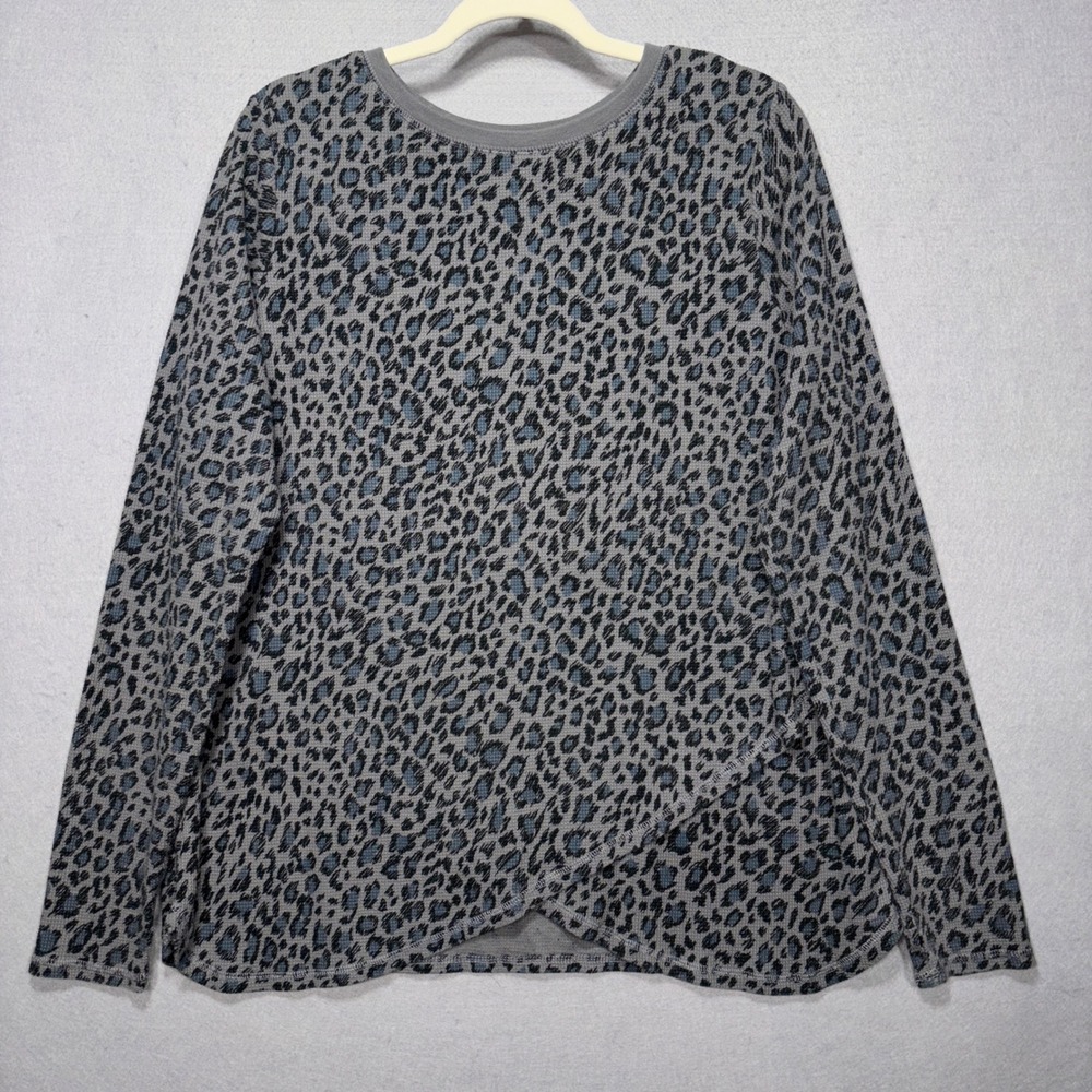 Any Body Womens‎ Leopard Thermal Knit Top XL Gray Blue Long Sleeve Thumb Hole